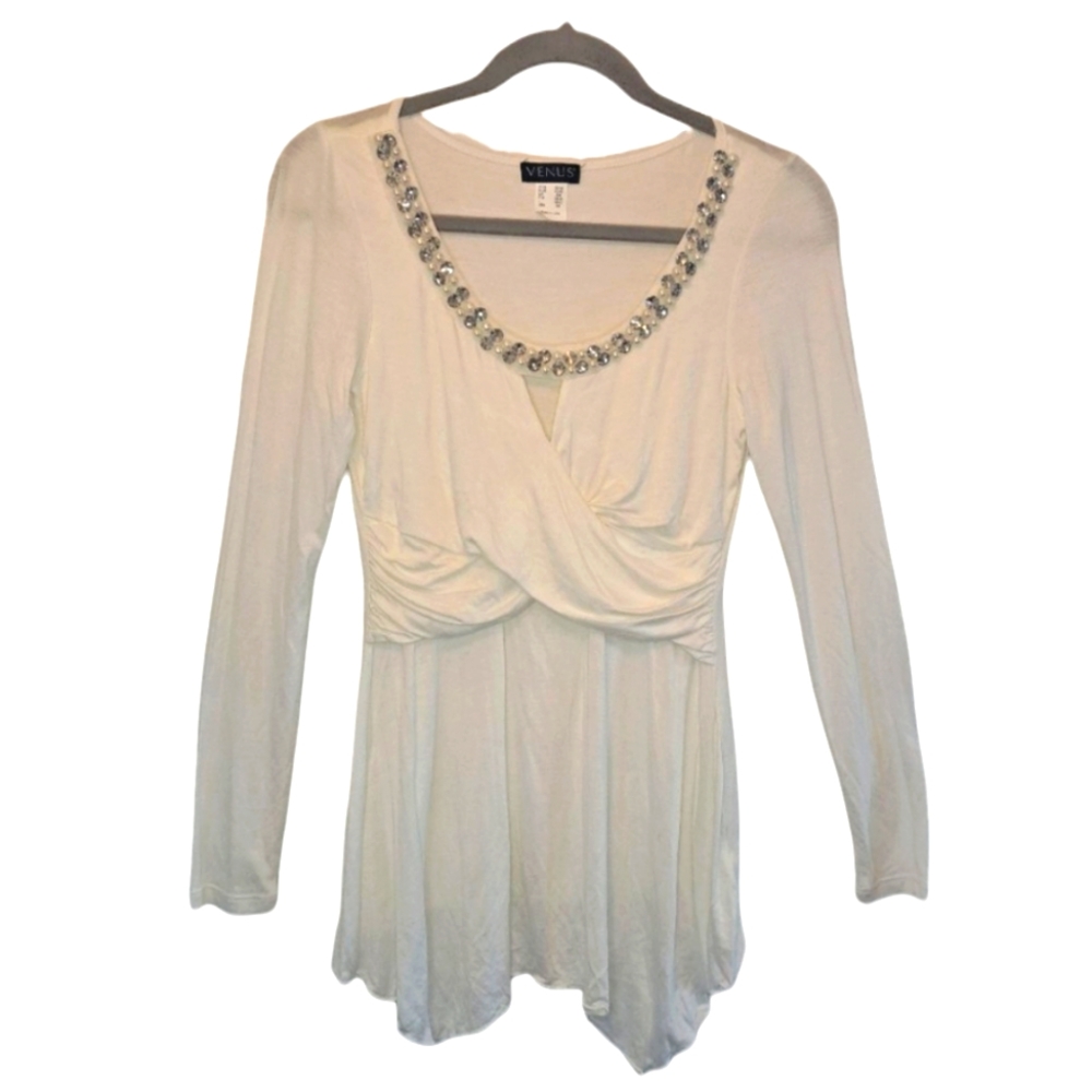 Venus White Drapey Beaded Rhinestone Handkerchief Hem Long Sleeved Top Size XS